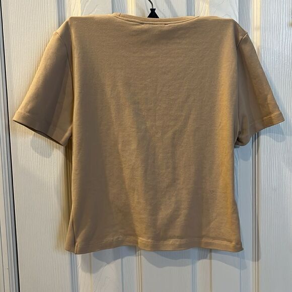 ZARA Tan Short Sleeve Cropped Cotton Blend Top with Front Knot Accent- Large - Picture 5 of 13